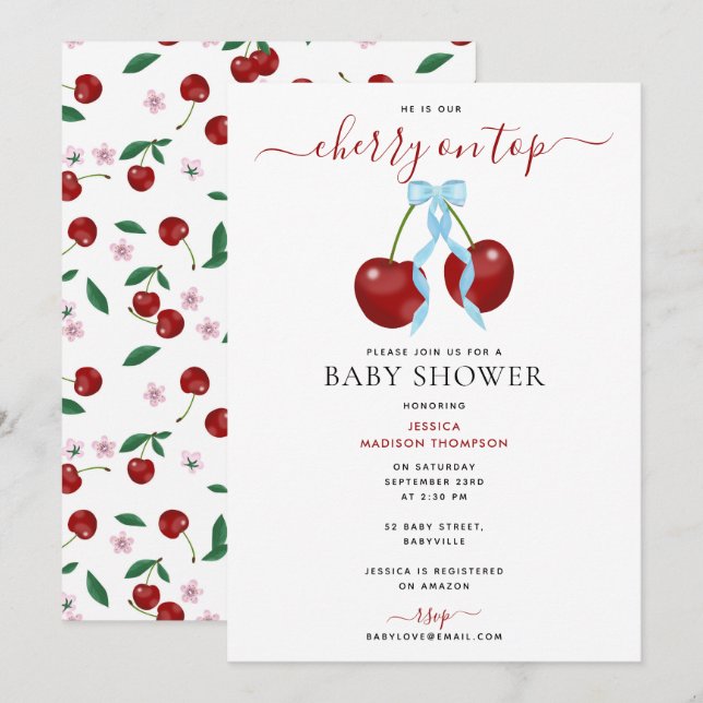 Invitación Cherry On Top Moderne Baby Shower Blue Bow Boy (Anverso / Reverso)
