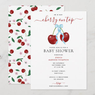 Invitación Cherry On Top Moderne Baby Shower Blue Bow Boy