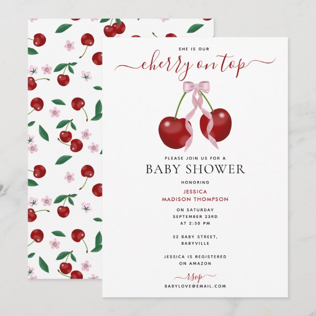 Invitación Cherry On Top Moderne Baby Shower Pink Bow Chica (Anverso / Reverso)