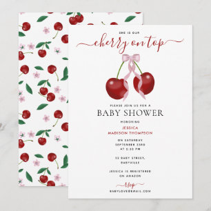 Invitación Cherry On Top Moderne Baby Shower Pink Bow Chica