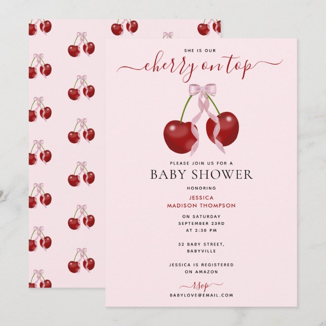 Invitación Cherry On Top Moderne Baby Shower Pink Bow Chica (Anverso / Reverso)
