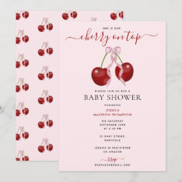 Invitación Cherry On Top Moderne Baby Shower Pink Bow Chica