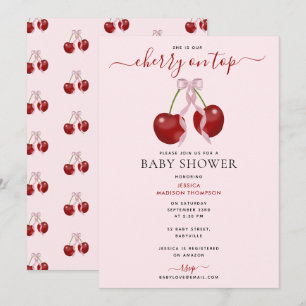 Invitación Cherry On Top Moderne Baby Shower Pink Bow Chica
