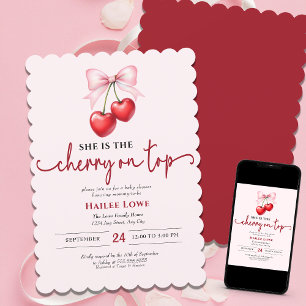 Invitación Cherry On Top Personalizado Coquette Pink Bow Baby