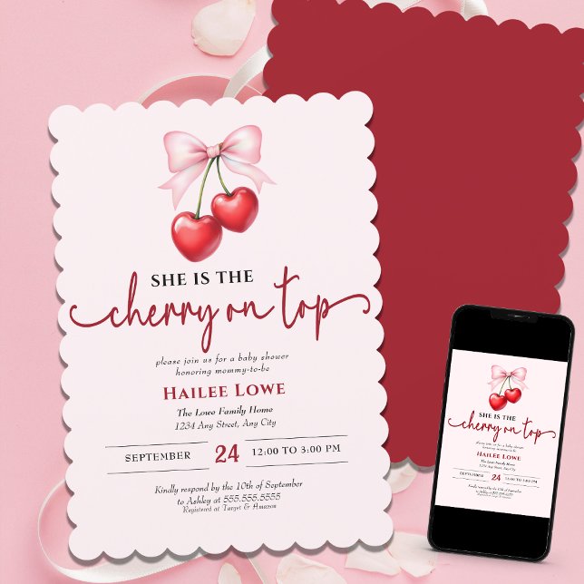 Invitación Cherry On Top Personalizado Coquette Pink Bow Baby (Subido por el creador)