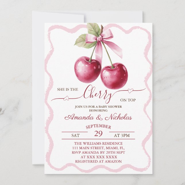 Invitación Cherry On Top Pink Bow Baby Shower (Anverso)