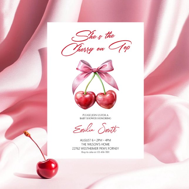 Invitación  Cherry on Top pink bow Baby Shower Invitation (Subido por el creador)