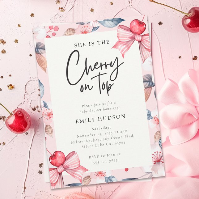 Invitación Cherry on Top Pink Bow Coquette Baby Shower (Subido por el creador)