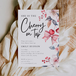 Invitación Cherry on Top Pink Bow Coquette Baby Shower