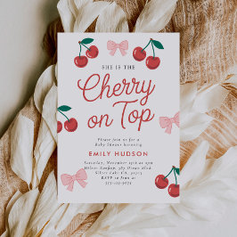 Invitación Cherry on Top Pink Bow Coquette Baby Shower