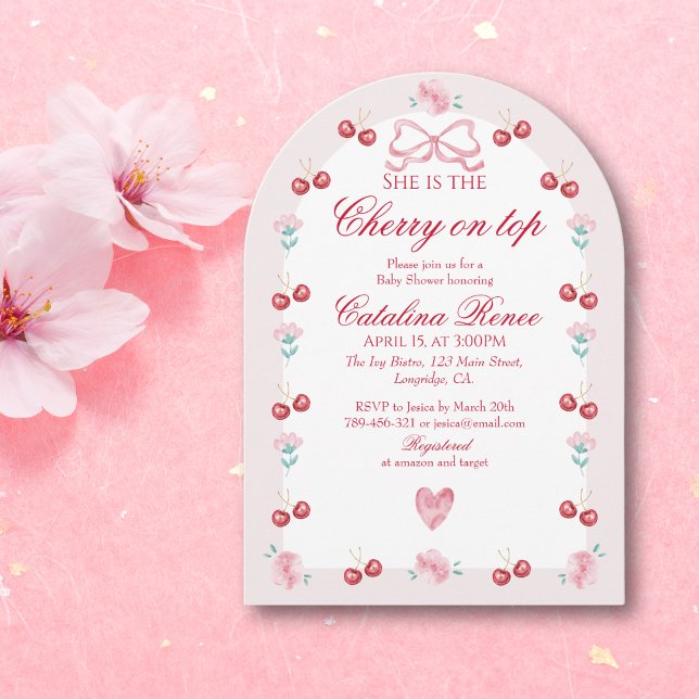 Invitación Cherry On Top Pink Bow Red Baby Shower (Subido por el creador)