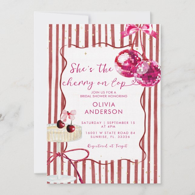 Invitación Cherry On Top Pink Disco Balls Bridal Shower (Anverso)