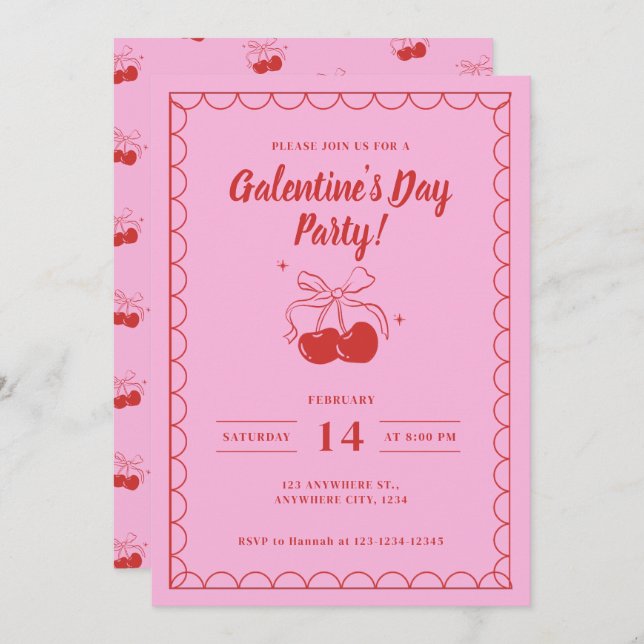 Invitación Cherry On Top Pink Galentine's Day (Anverso / Reverso)