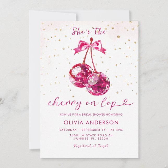 Invitación Cherry On Top Purpurina Bridal Shower (Anverso)