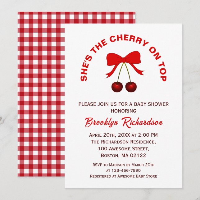Invitación Cherry On Top Red Coquette Bow Chica Baby Shower (Anverso / Reverso)