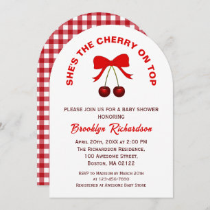 Invitación Cherry On Top Red Coquette Bow Chica Baby Shower