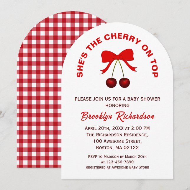 Invitación Cherry On Top Red Coquette Bow Chica Baby Shower (Anverso / Reverso)