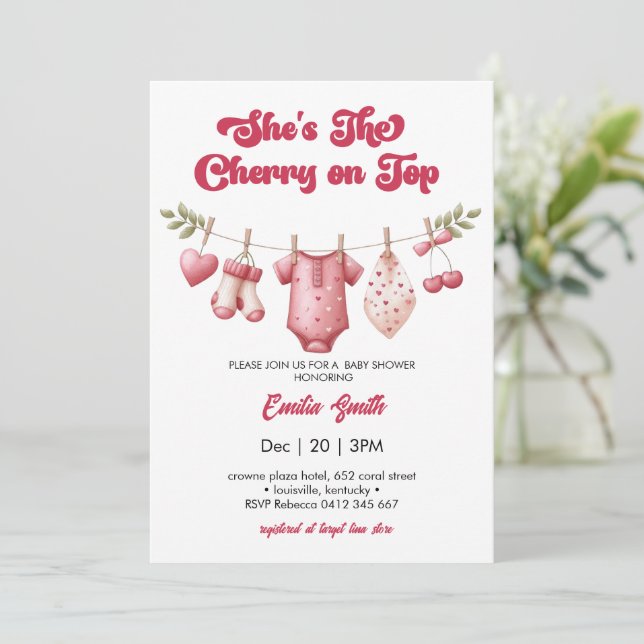 Invitación Cherry on Top ropa de bebé Shower (Anverso de pie)
