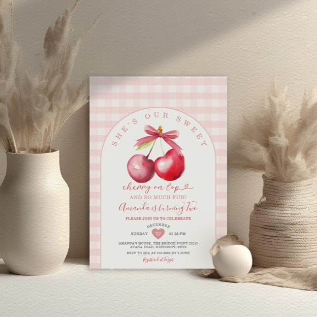 Invitación Cherry On Top Sweet Pink Gingham Chica Baby Shower (Subido por el creador)