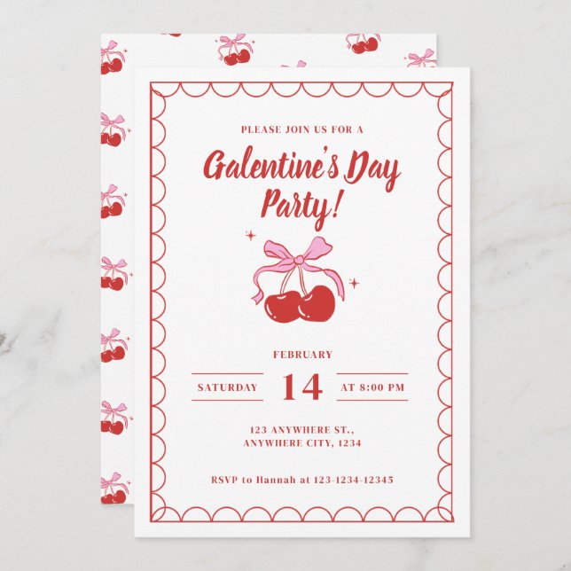 Invitación Cherry On Top White Galentine's Day (Anverso / Reverso)