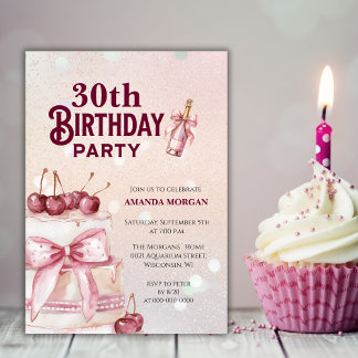 Invitación Cherry Pink Cake Birday Party