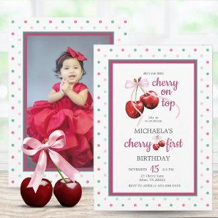 Invitación Cherry Pink Coquette Bow foto de primer cumpleaños