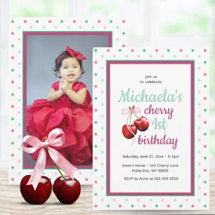 Invitación Cherry Pink Coquette Bow foto de primer cumpleaños