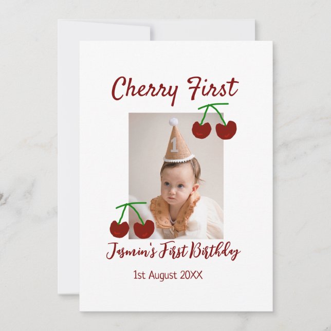 Invitación Cherry primer feliz cumpleaños foto niños rojo mod (Anverso)
