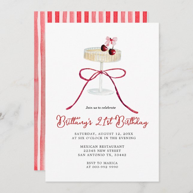 Invitación Cherry Red Bow Champagne 21st Birthday Invitation (Anverso / Reverso)