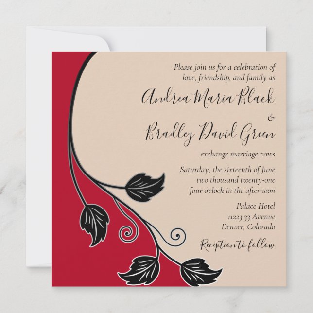 Invitación Cherry Red Champagne Black Leafy Vine Boda (Anverso)