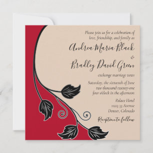 Invitación Cherry Red Champagne Black Leafy Vine Boda