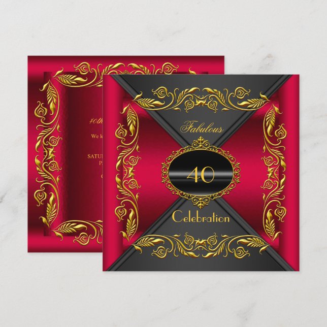 Invitación Cherry Red Elegant Black Gold Fabulous 40th Fiesta (Anverso / Reverso)