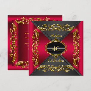 Invitación Cherry Red Elegant Black Gold Fabulous 40th Fiesta