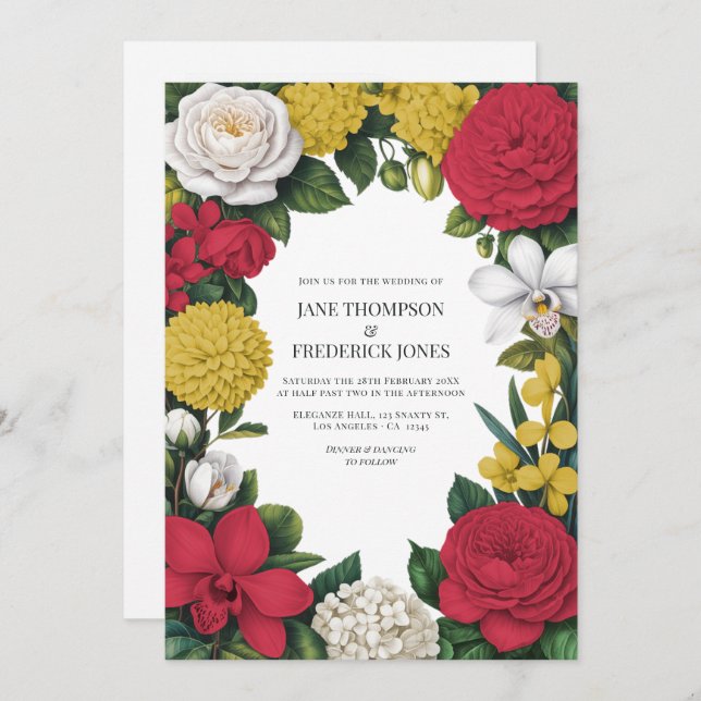 Invitación Cherry Red, White & Gold Floral Wedding (Anverso / Reverso)