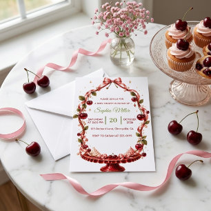 Invitación Cherry Ribbon Baby Shower Satén Rosa Postre