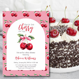 Invitación Cherry sobre el Arco Superior Chica de Bow Rosado 