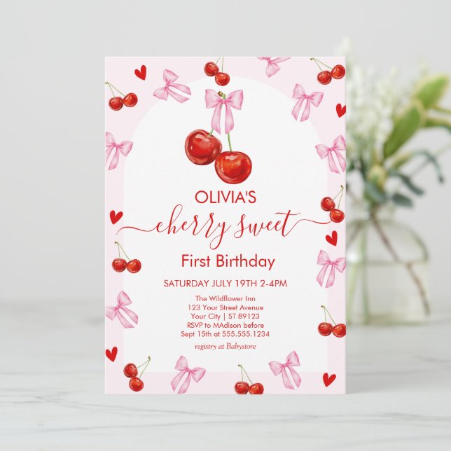 Invitación Cherry Sweet Birthday Cherries 1st Birthday (Anverso de pie)