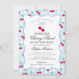 Invitación Cherry Sweet Blue Coquette Bow Gingham Baby Shower