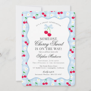 Invitación Cherry Sweet Blue Coquette Bow Gingham Baby Shower