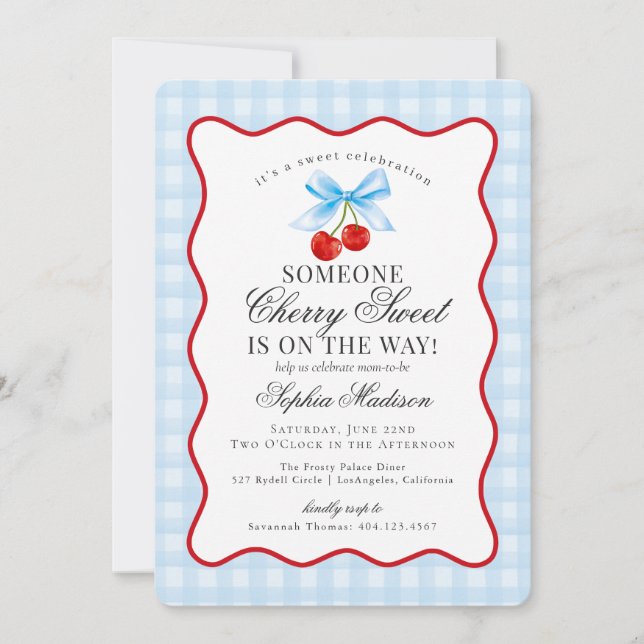 Invitación Cherry Sweet Blue Coquette Bow Gingham Baby Shower (Anverso)
