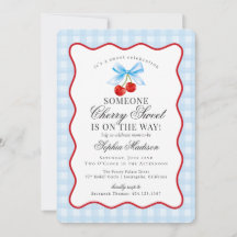Cherry Sweet Blue Coquette Bow Gingham Baby Shower