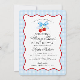 Invitación Cherry Sweet Blue Coquette Bow Gingham Baby Shower