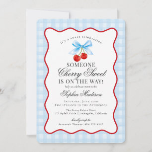Invitación Cherry Sweet Blue Coquette Bow Gingham Baby Shower