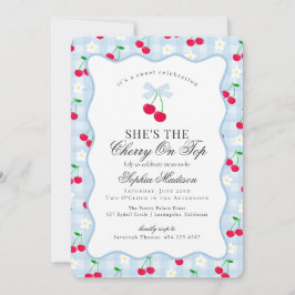 Invitación Cherry Sweet Blue Coquette Bow Gingham Baby Shower