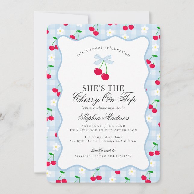 Invitación Cherry Sweet Blue Coquette Bow Gingham Baby Shower (Anverso)