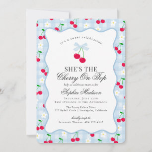 Invitación Cherry Sweet Blue Coquette Bow Gingham Baby Shower