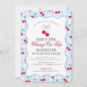 Invitación Cherry Sweet Blue Coquette Bow Gingham Cumpleaños