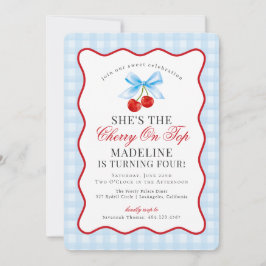 Invitación Cherry Sweet Blue Coquette Bow Gingham Cumpleaños