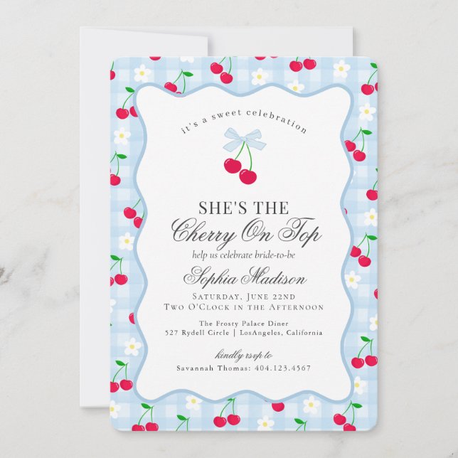 Invitación Cherry Sweet Blue Coquette Gingham Bridal Shower (Anverso)