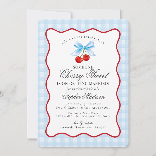 Invitación Cherry Sweet Blue Coquette Gingham Bridal Shower (Anverso)